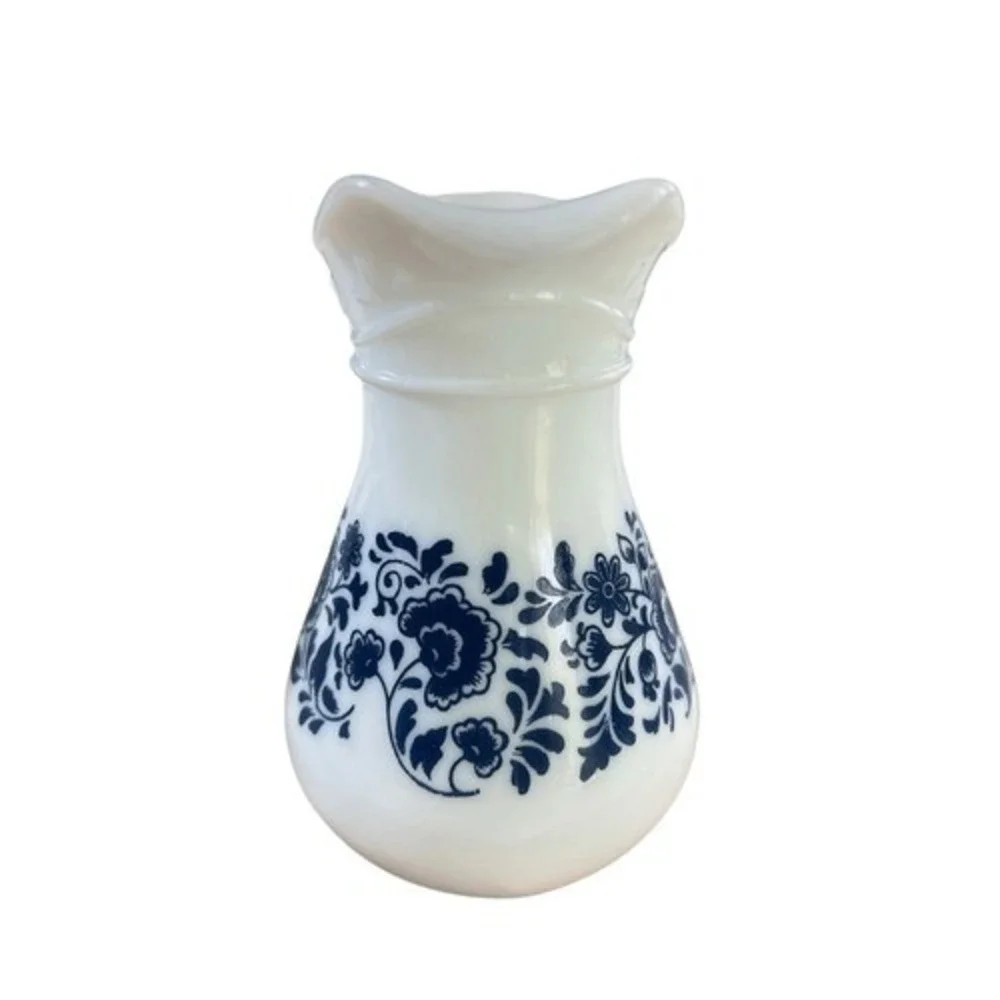 Avon Milk Glass Creamer Blue Floral Pitcher Small Vase Vintage 1970s